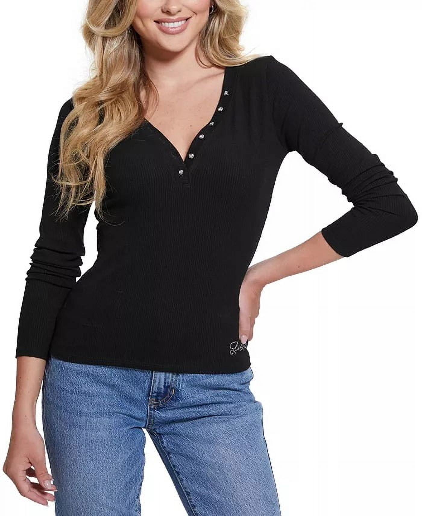 Guess JET BLACK Women's Kyla Ribbed Henley Long-Sleeve Top, US X
