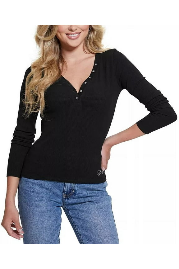 JET BLACK Women's Kyla Ribbed Henley Long-Sleeve Top, US X-Small