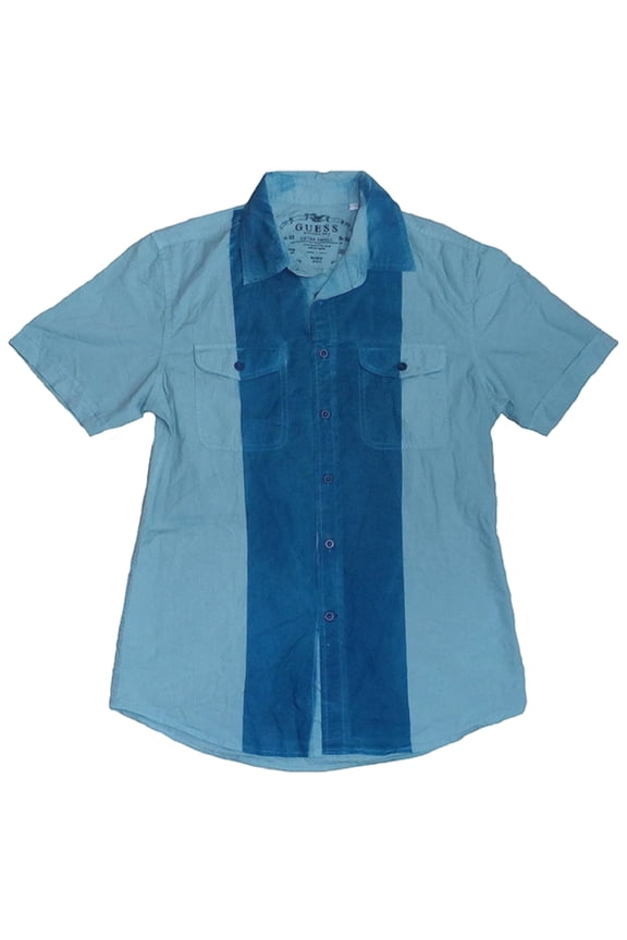 Men's Blue Two Tone Button Down Short Sleeved Shirt (XSmall)
