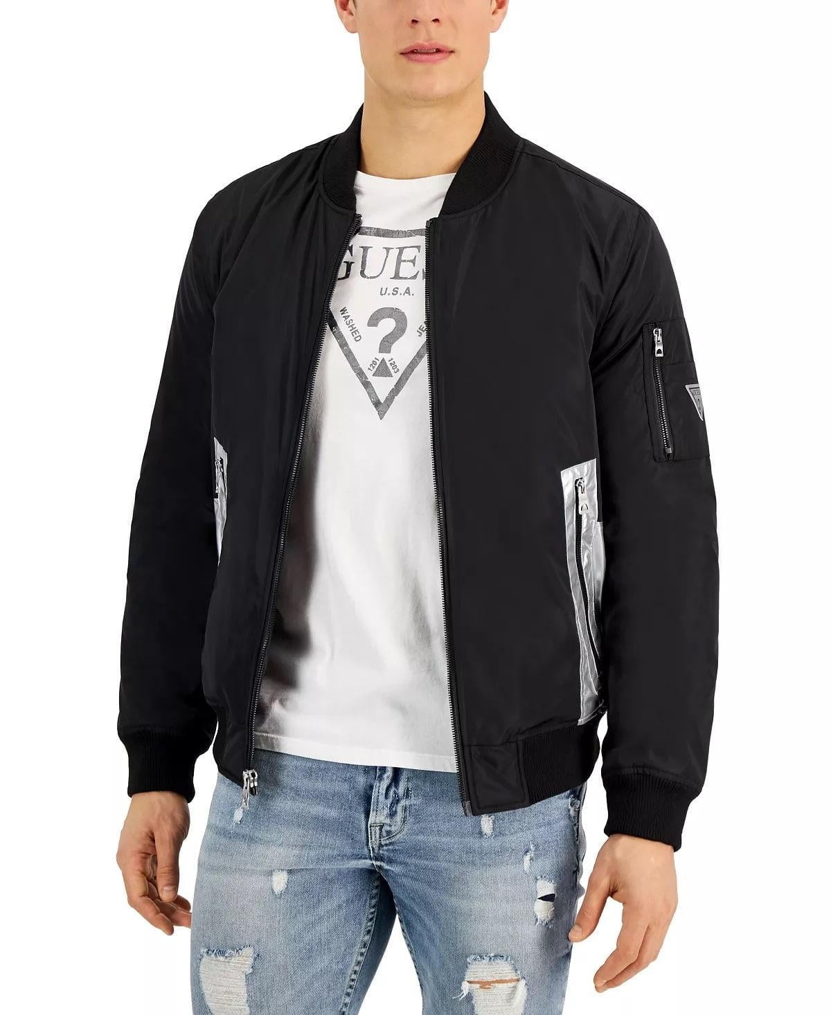 Guess Men's Bomber Jacket with Reflective Logo Detailing Black