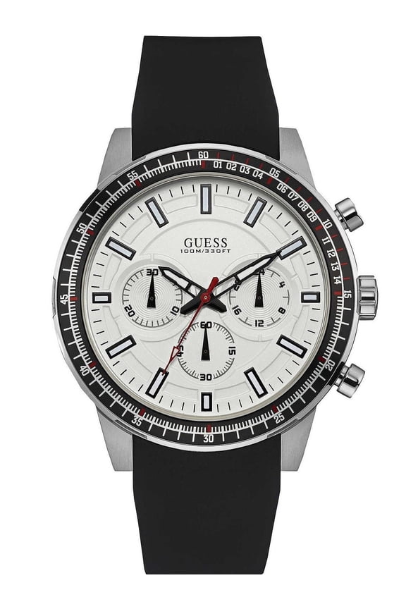 Men's FUEL 46mm Black Silicone Band Steel Case Quartz White Dial Analog Watch W0802G1