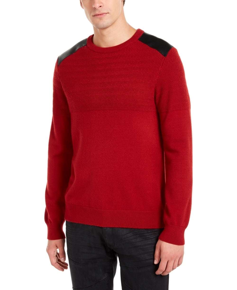 Guess Men's Herringbone Sweater Faux Leather Piecing Red Size Large - Walmart.com