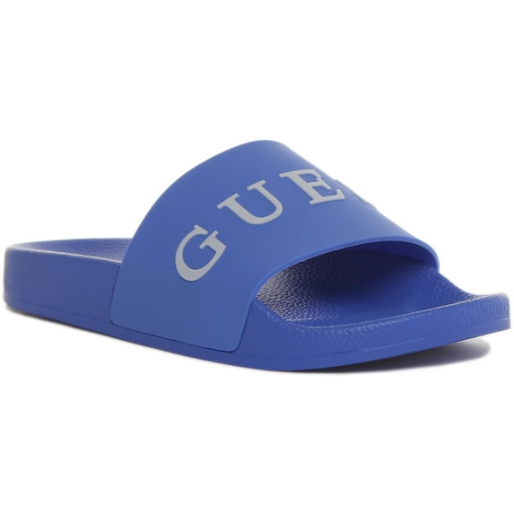 Guess Men's Logo Print Beach Slide Sandal In Blue Size 11.5