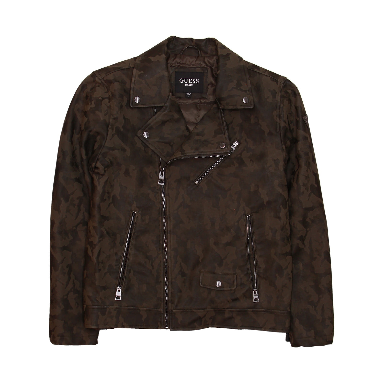 Guess Mens Camo Faux Leather Jacket (XLarge, Olive Camo)