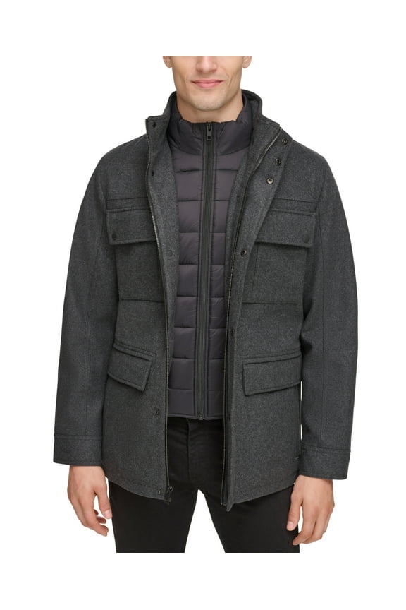Mens Casual Coat Quilted Zip Out Puffer Bib Large Grey Waterproof Wool