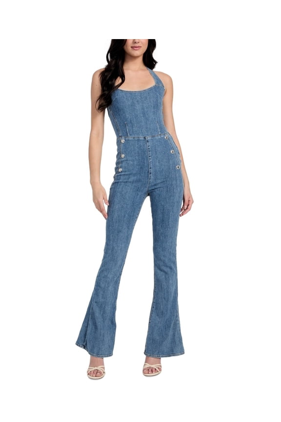 PALM SHADE Women's Blair Denim Halter Flared-Leg Jumpsuit, US Large