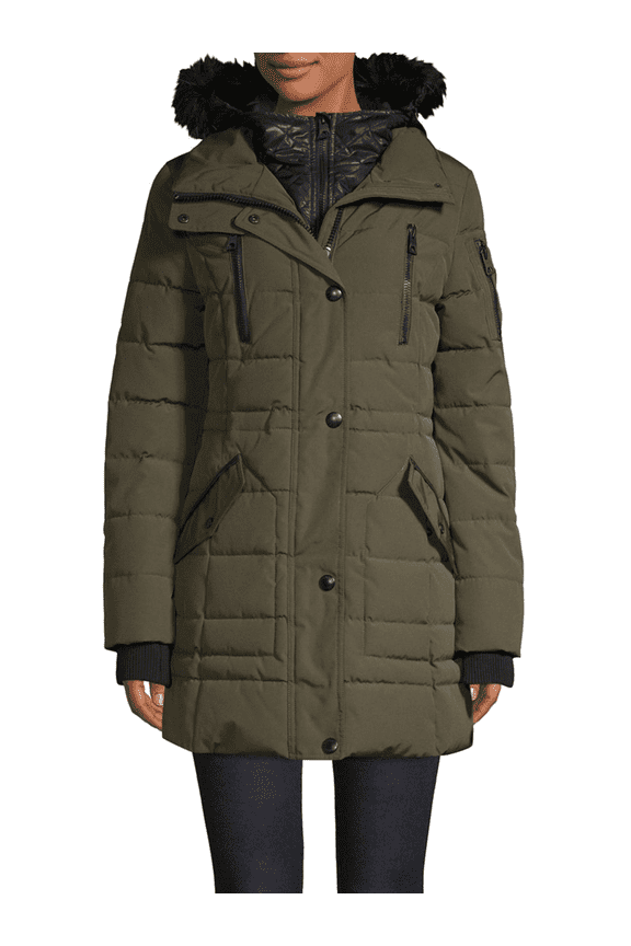 Quilted Bib & Faux Fur-Trimmed Hooded Anorak (Medium, Olive)