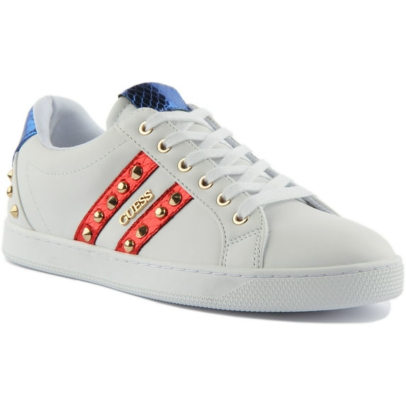 Guess Rassta Women's Low Top Lace Up Stud Trainers In White Navy Red Size 7.5