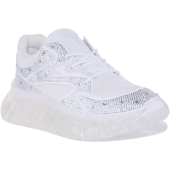 Guess Rhinestone Clarisse Men's Lace Up Synthetic Running Inspired Trainers In White Size 6.5