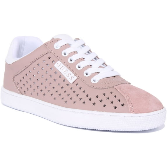 Guess Ritzi Women's Lace Up Leather Trainers With Perforated Stars In Nude Size 5.5