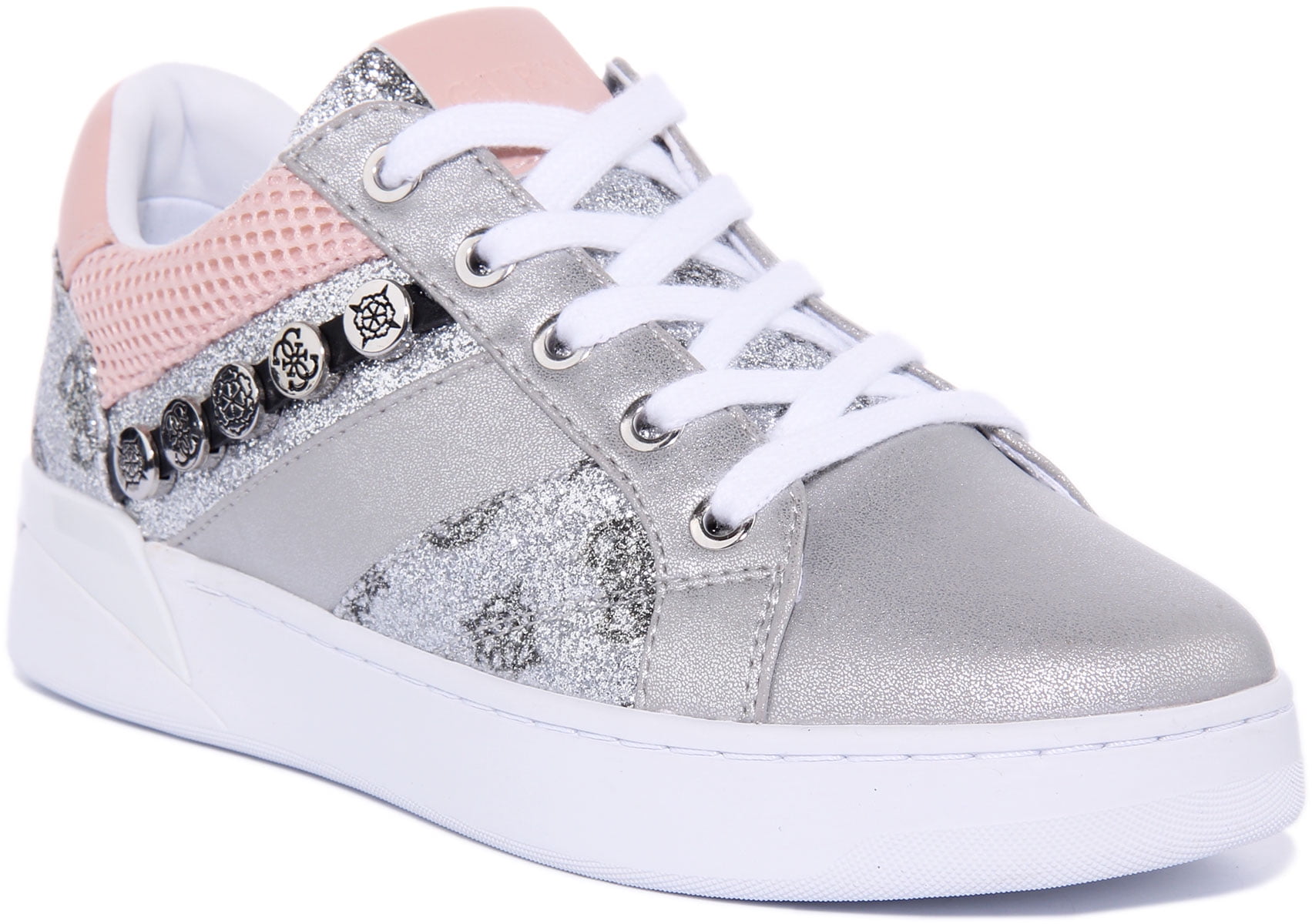 Guess Roxo Women's Lace Up Synthetic Trainers In Silver Size