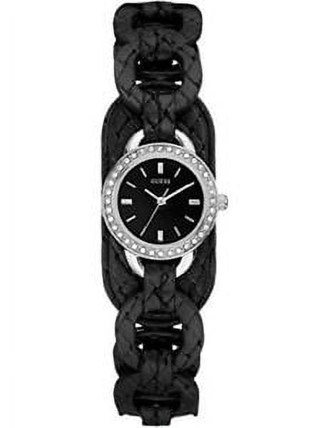 Guess Silver Tone Black Braided Leather Band Crystal Watch