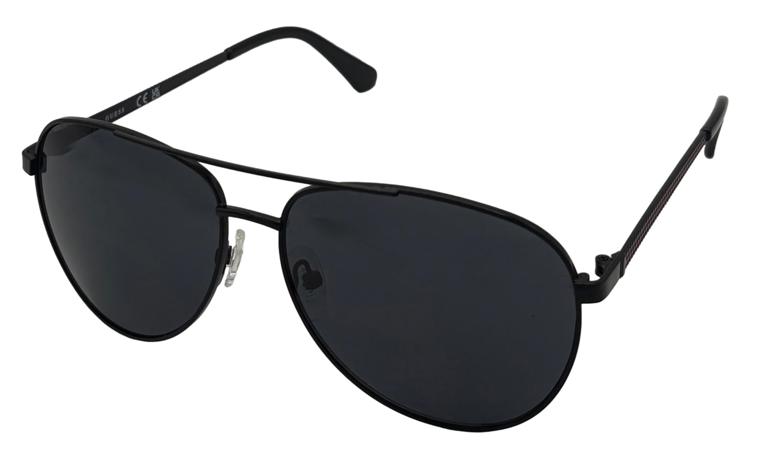 Guess Sunglass Mens Shiny Black Metal Aviator, Smoke Lens GF0251