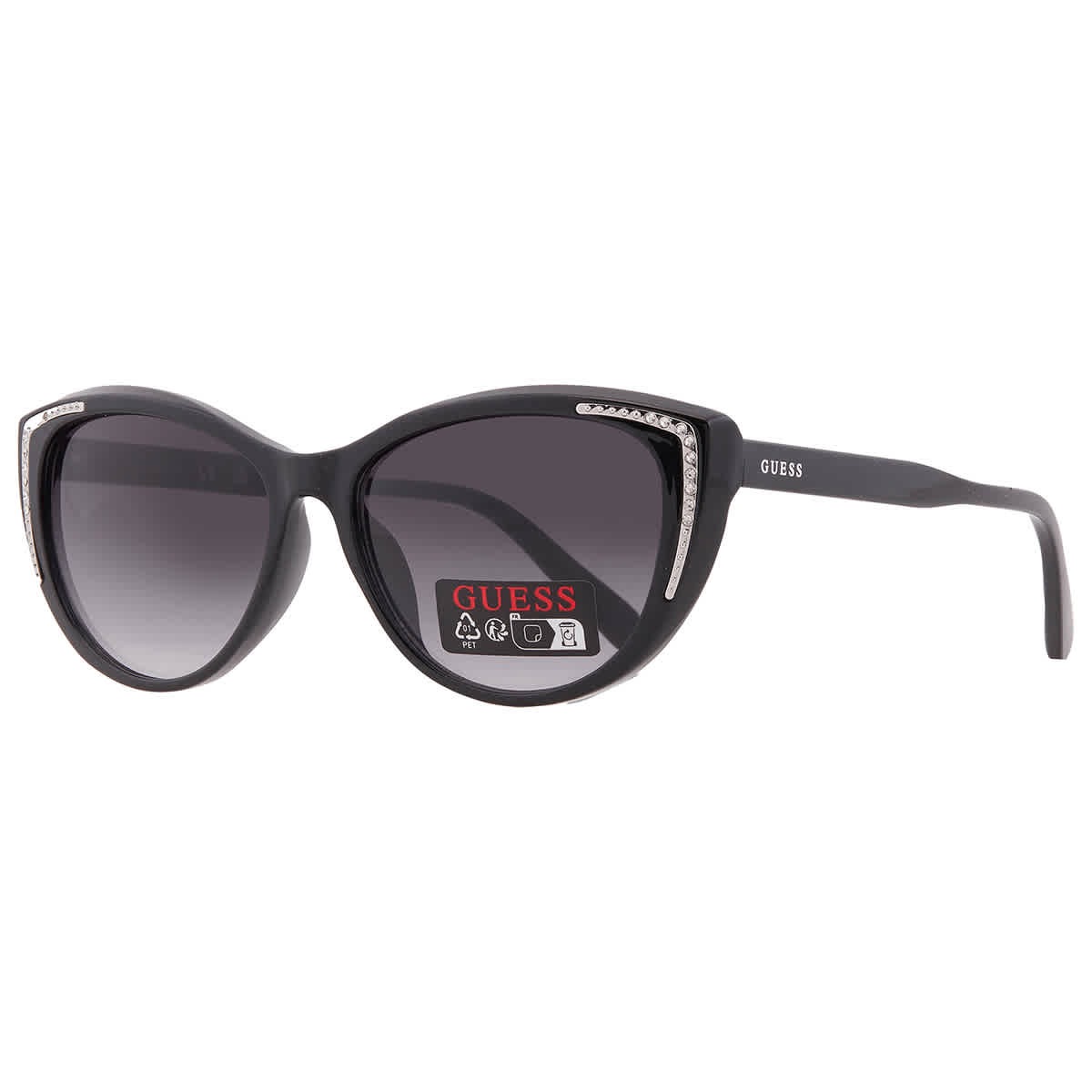 Guess Sunglass Womens Shiny Black Cat Eye Smoke Gradient 