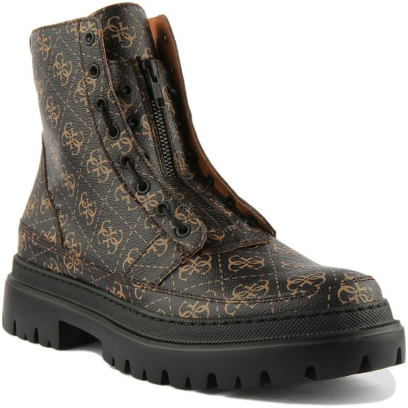 Guess Tesero Men's Zip Up 4G Logo Print Synthetic Ankle Boot In Brown Size 8.5
