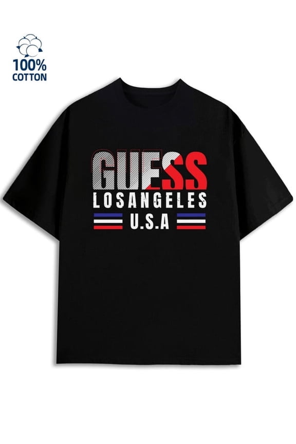 Guess USA Tee mens Los Angeles 180G 100% Cotton black usa cut Fashion Unisex Shirt Crewneck tshirts Retro Unisex Shirt Graphic tshirts Casual Unisex Shirt Graphic Tee tshirts