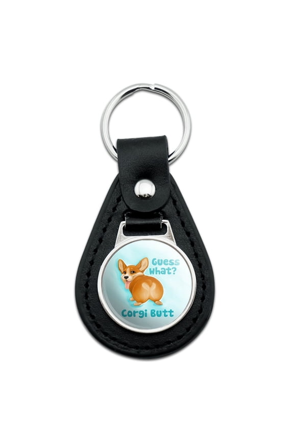 Guess What Corgi Butt Funny Joke Black Leather Keychain