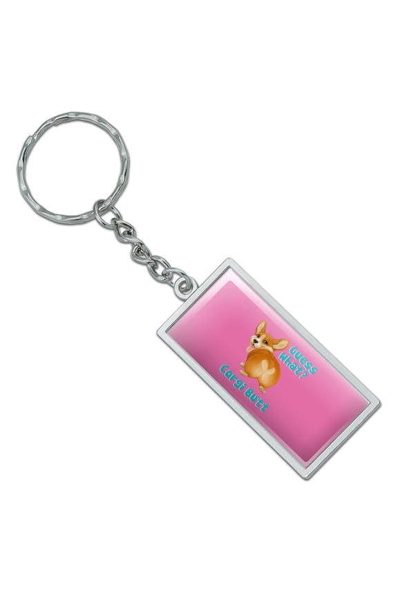 Guess What Corgi Butt Funny Joke Rectangle Keychain in Chrome Plated Metal