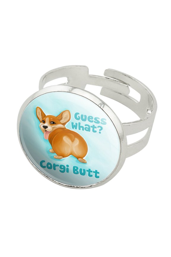 Guess What Corgi Butt Funny Joke Silver Plated Adjustable Novelty Ring