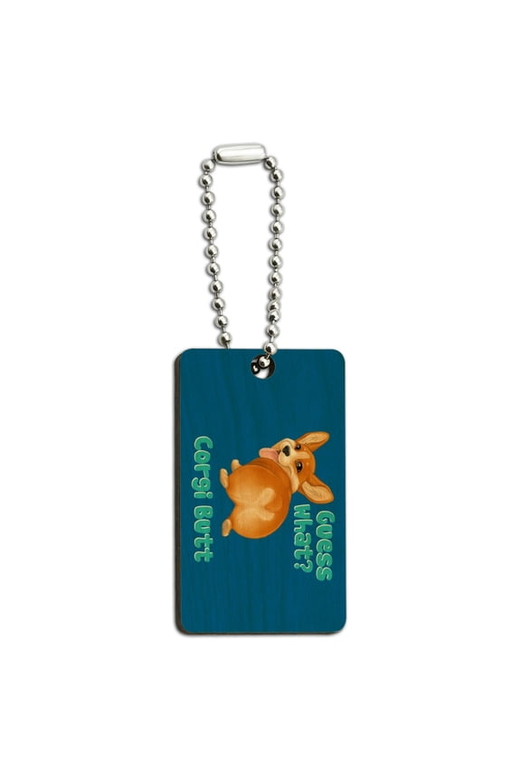 Guess What Corgi Butt Funny Joke Wood Wooden Rectangle Keychain Key Ring
