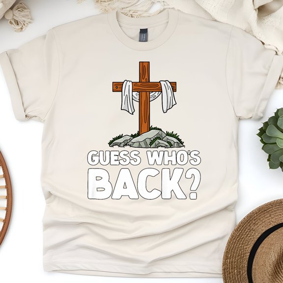 Guess Who’s Back T-Shirt | Christian Cross Graphic Faith Tee, Natural, Size S