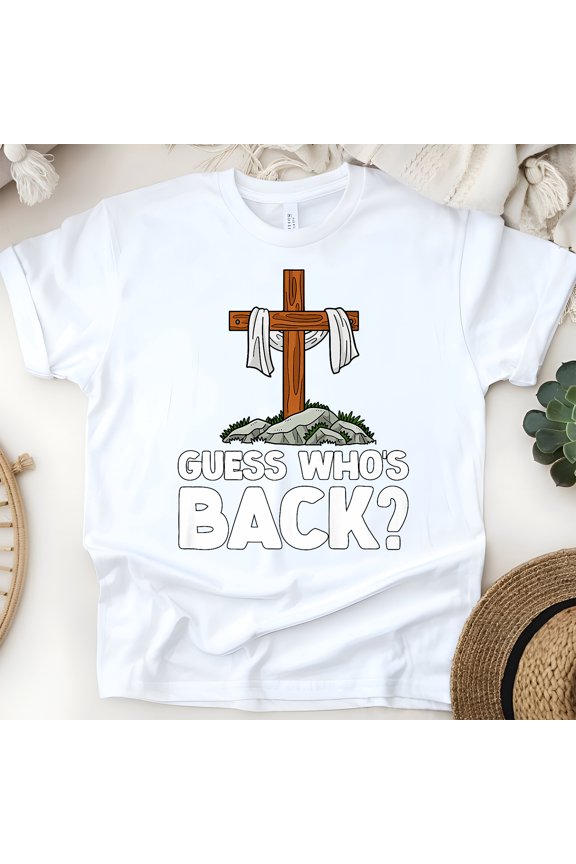 Guess Who’s Back T-Shirt | Christian Cross Graphic Faith Tee, White, Size L