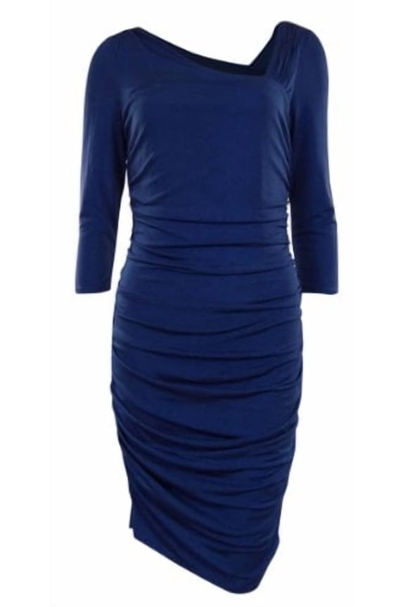 Women's Asymmetrical Neck Metallic Ruched Jersey Dress (4, Sapphire)