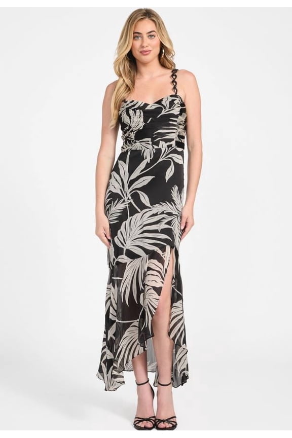 Women's Black Stacie Printed Shirred Chain-Strap Dress, 10