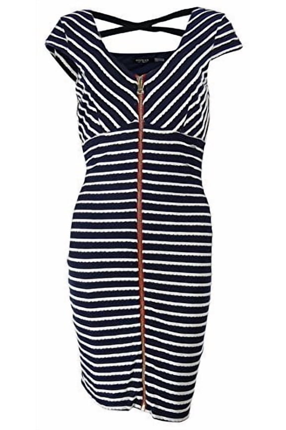 Women's Textured Striped Crisscross Zippered Dress (8, Navy/White)