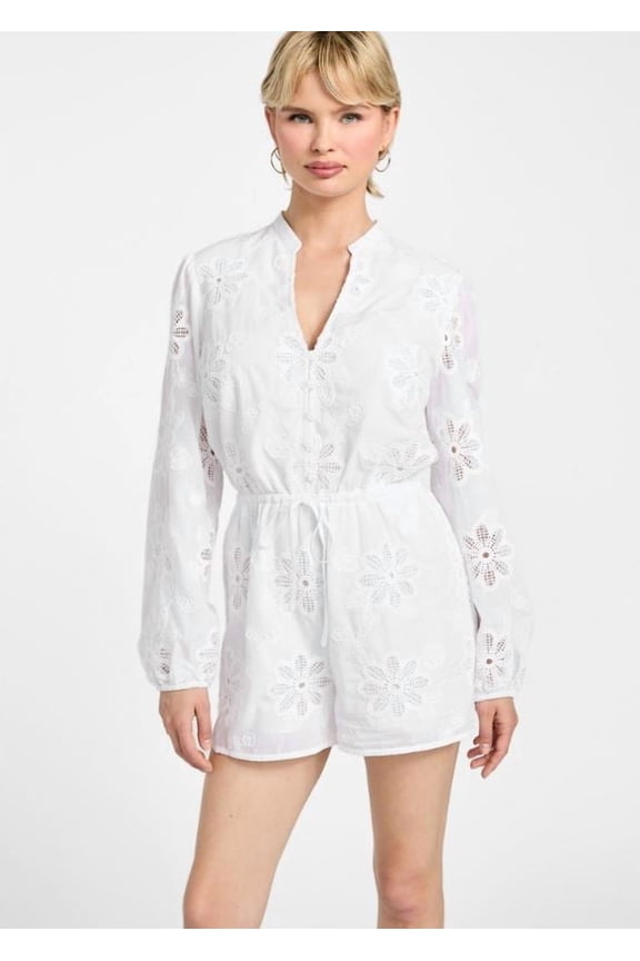 Women's White Hazel Embroidered Long-Sleeve Romper, Large