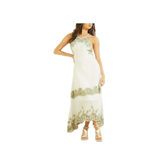 Guess Womens Alana Embroidered Halter Maxi Dress Pure White S