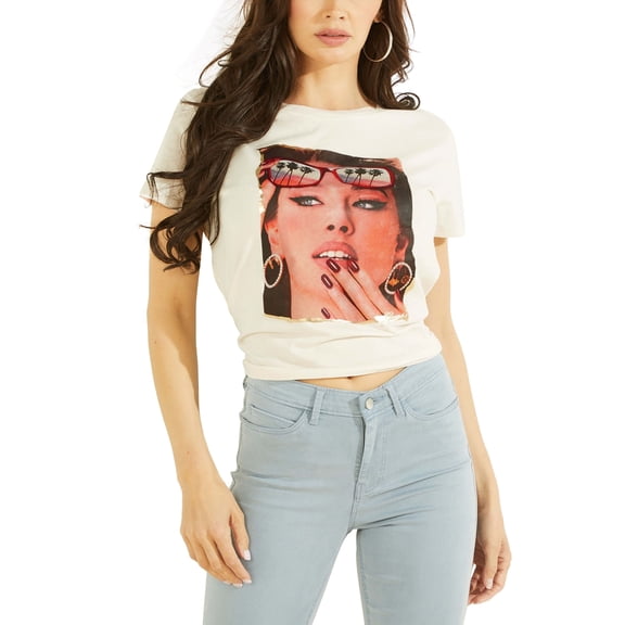 Guess Womens Cotton Printed Graphic T-Shirt Cream White XS