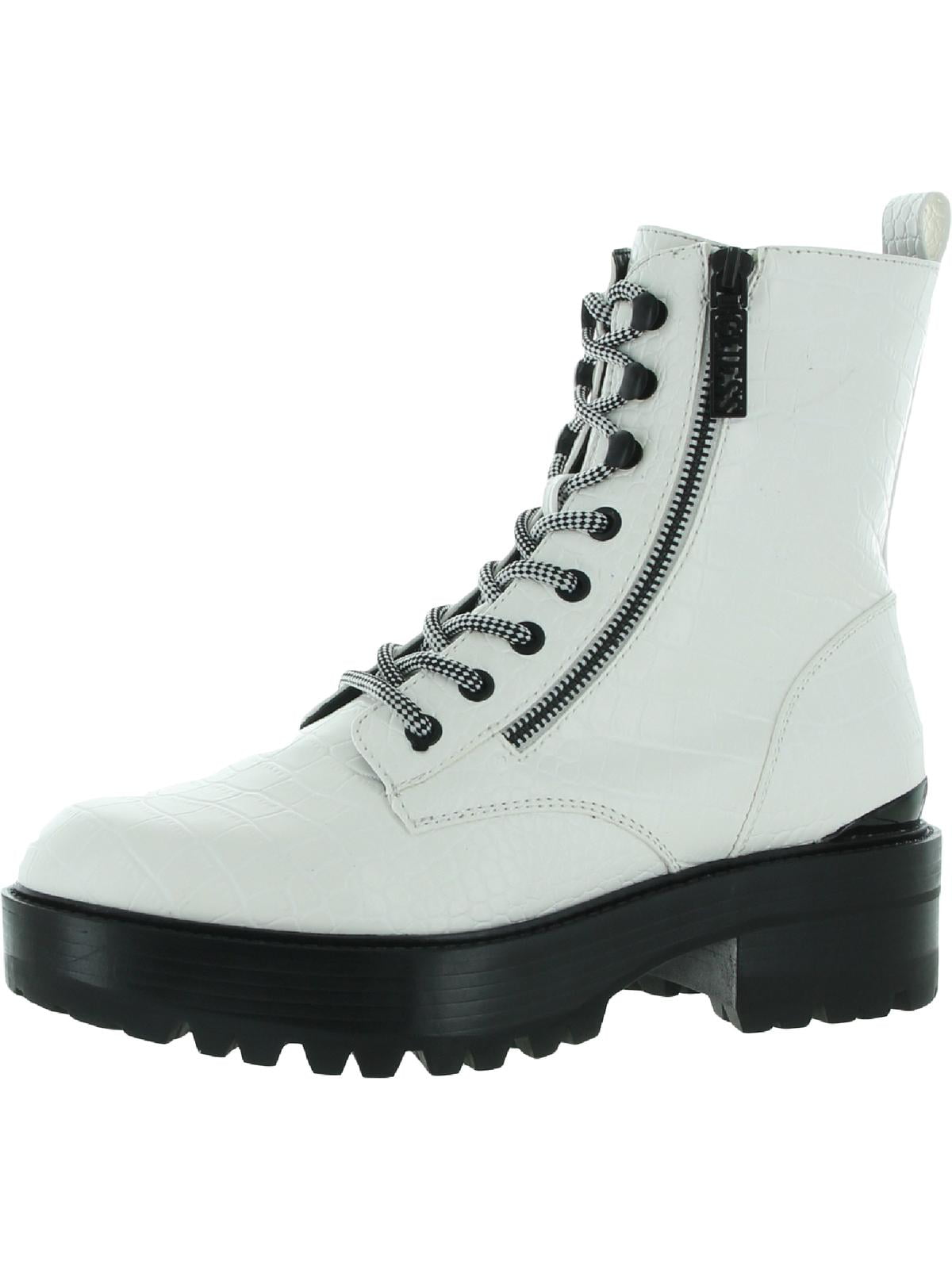 Guess Womens Fearne Faux-Leather Combat Lace-up Boots White