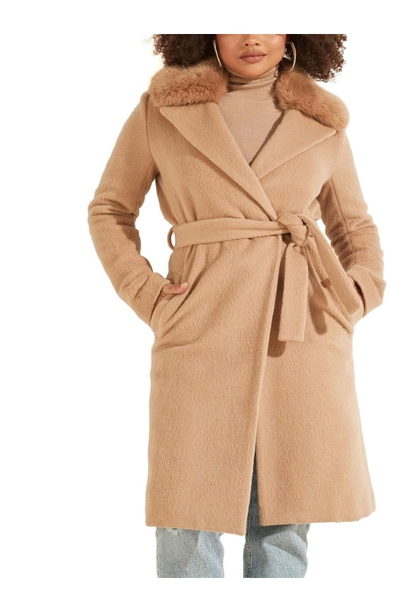Womens Fux Fur Belted Trench Coat