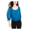 thumbnail image 1 of Guess Womens Gregoria Smocked 3/4 Sleeves Crop Top Blue XS, 1 of 2