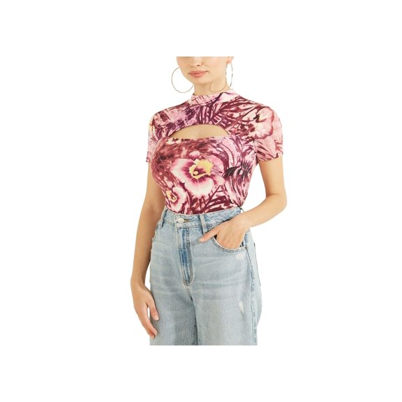 Guess Womens Gwen Cutout Top Batik Tropical Print Pink XL