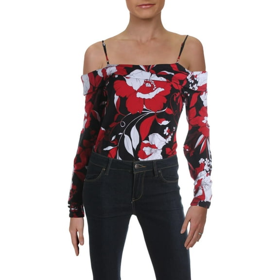 Guess Womens Kiersten Printed Cut-Out Bodysuit Black M