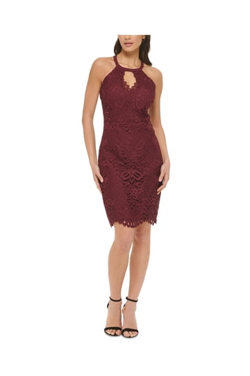 guess burgundy dress Draped Neck Belted A-Line Sleeveless Midi Dress in Burgundy
