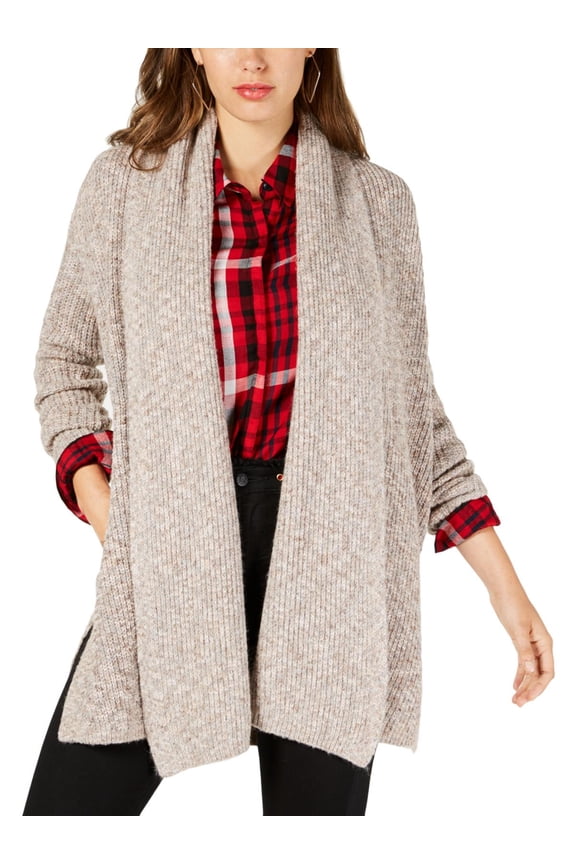 Womens Open-Front Metallic Cardigan Sweater Beige M