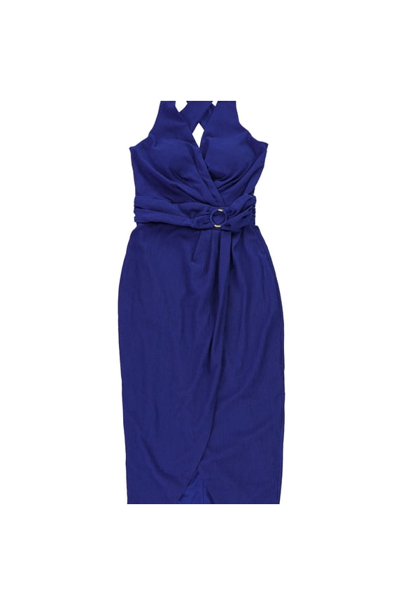 Womens Ruched O-Ring Cutout Wrap Dress, Blue, 4