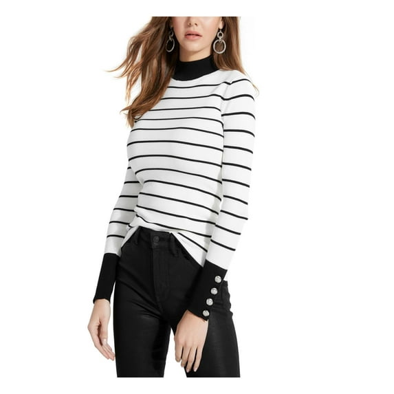 Guess Womens Rebekah Striped Button Mock Turtleneck Sweater Black-Ivory XS