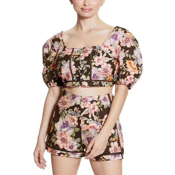 Guess Womens Square Neck Puff Sleeve Cropped