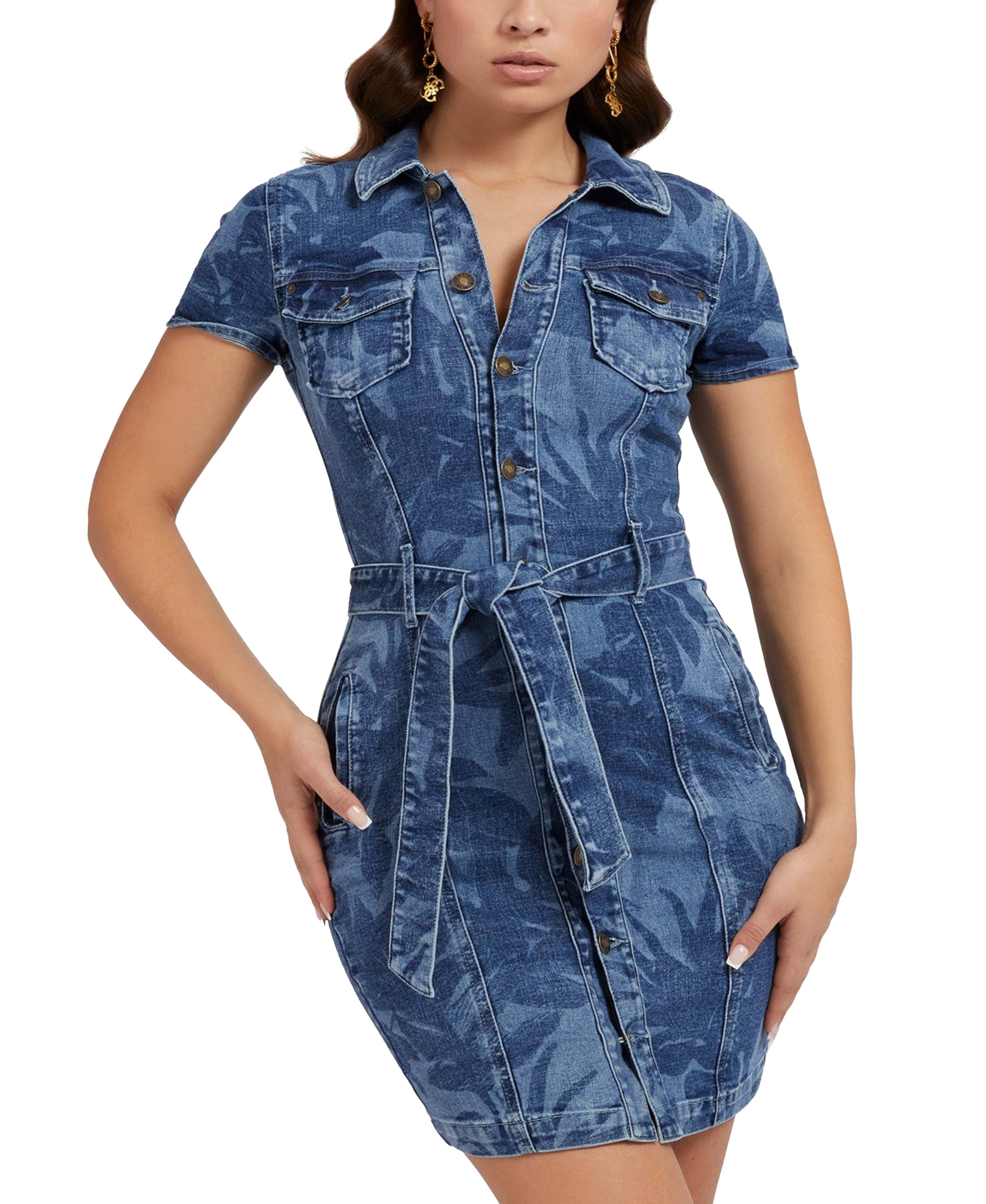 Guess Womens Stella Printed Denim Dress Tropical Print Navy XS