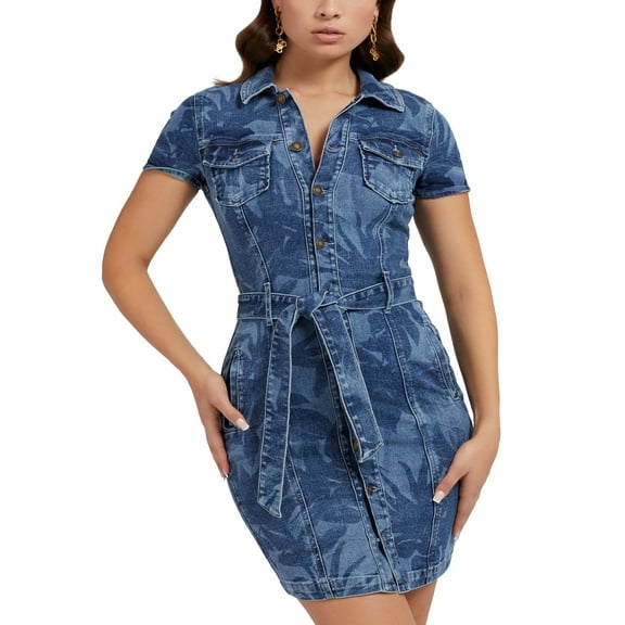 Guess Womens Stella Printed Denim Dress Tropical Print Navy XS