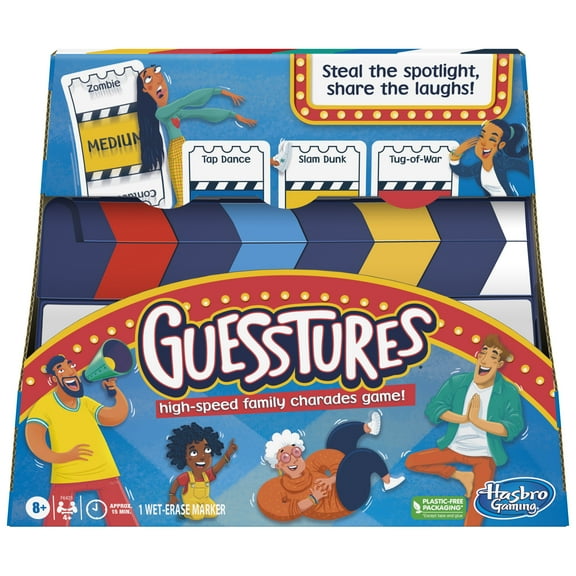 Guesstures Game, Charades Family Party Game for 4+ Players, Includes Customizable Cards and Clapper