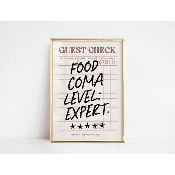 Guest Check, Five Stars Review, Typography Poster, Coquette, Cute Chef, Airbnb Kitchen Retro Fun Preppy Art, Food Coma Level Wall Art, Modern Wall Decor, 24x36 UNFRAMED