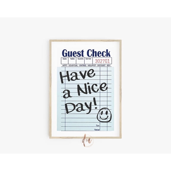 Guest Check Have A Nice Day Trendy Wall Art Retro Preppy College Decor, Unframed Canvas 8x10in