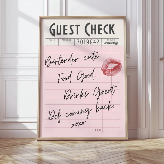 Guest Check With Lipstick Kiss, Retro Pink Diner Wall Art, Flirty Kitchen Decor Print, Girls Night Quote Art,Coquette Aesthetic Home Decor #2151, Unframed Canvas Size 12x18