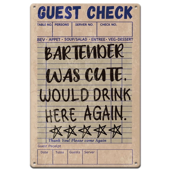 Guest Check Metal Signs Bar Tin Sign Drinking Here Again Wall Plaques Funny Texts Poster and Plaque Retro Wall Art for DIY