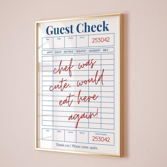 Guest Check Poster, Chef Was Cute Would Eat Here Again Wall Art, Trendy Kitchen Decor Poster, Restaurant Art